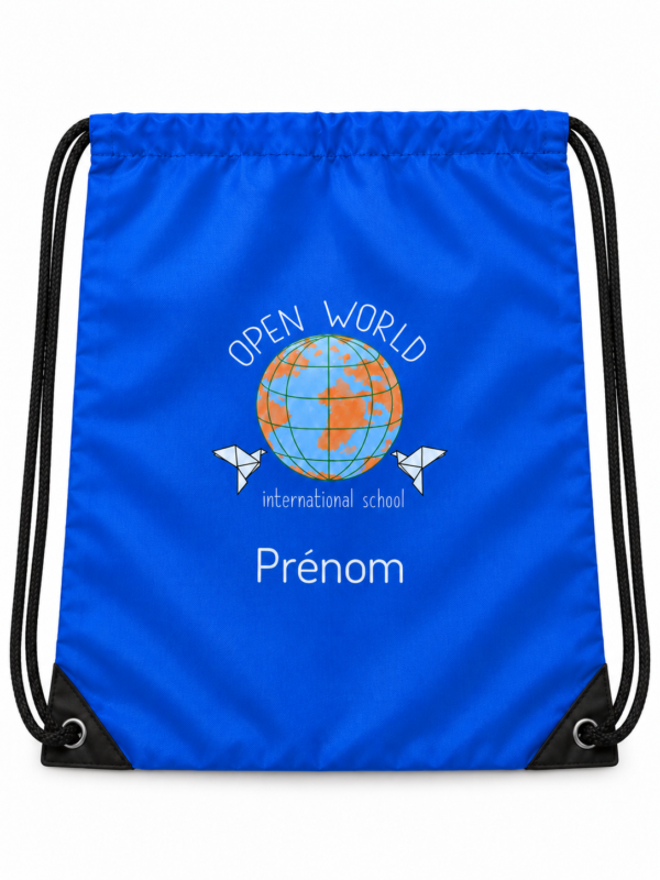Sac de sport bleu roi de la maison Agapè, à plat, ouverture relâchée, personnalisable avec un prénom